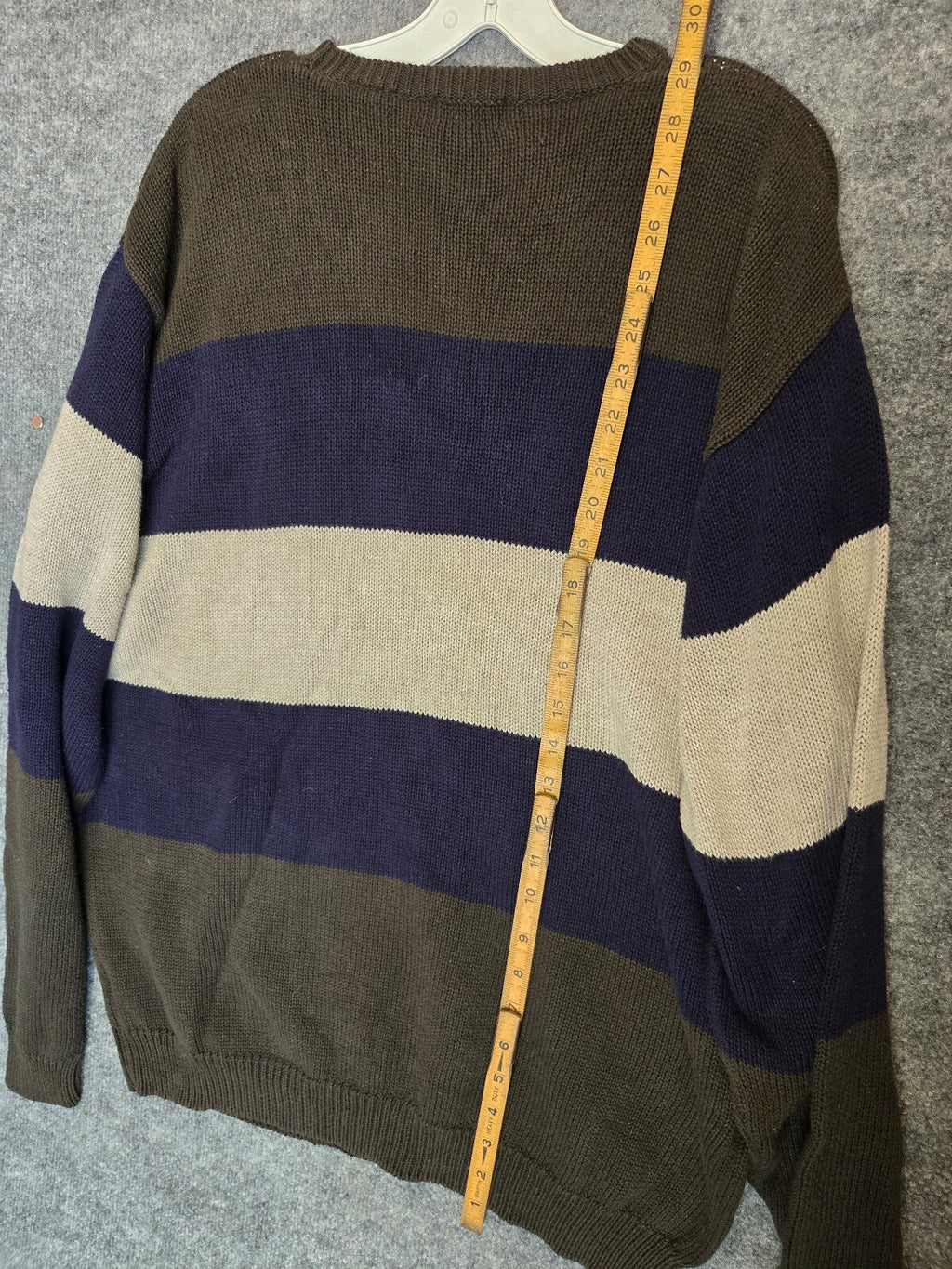 Vintage Izod Crest Logo Sweater Olive Green Navy Tan Block Stripe Grandpa 1990s