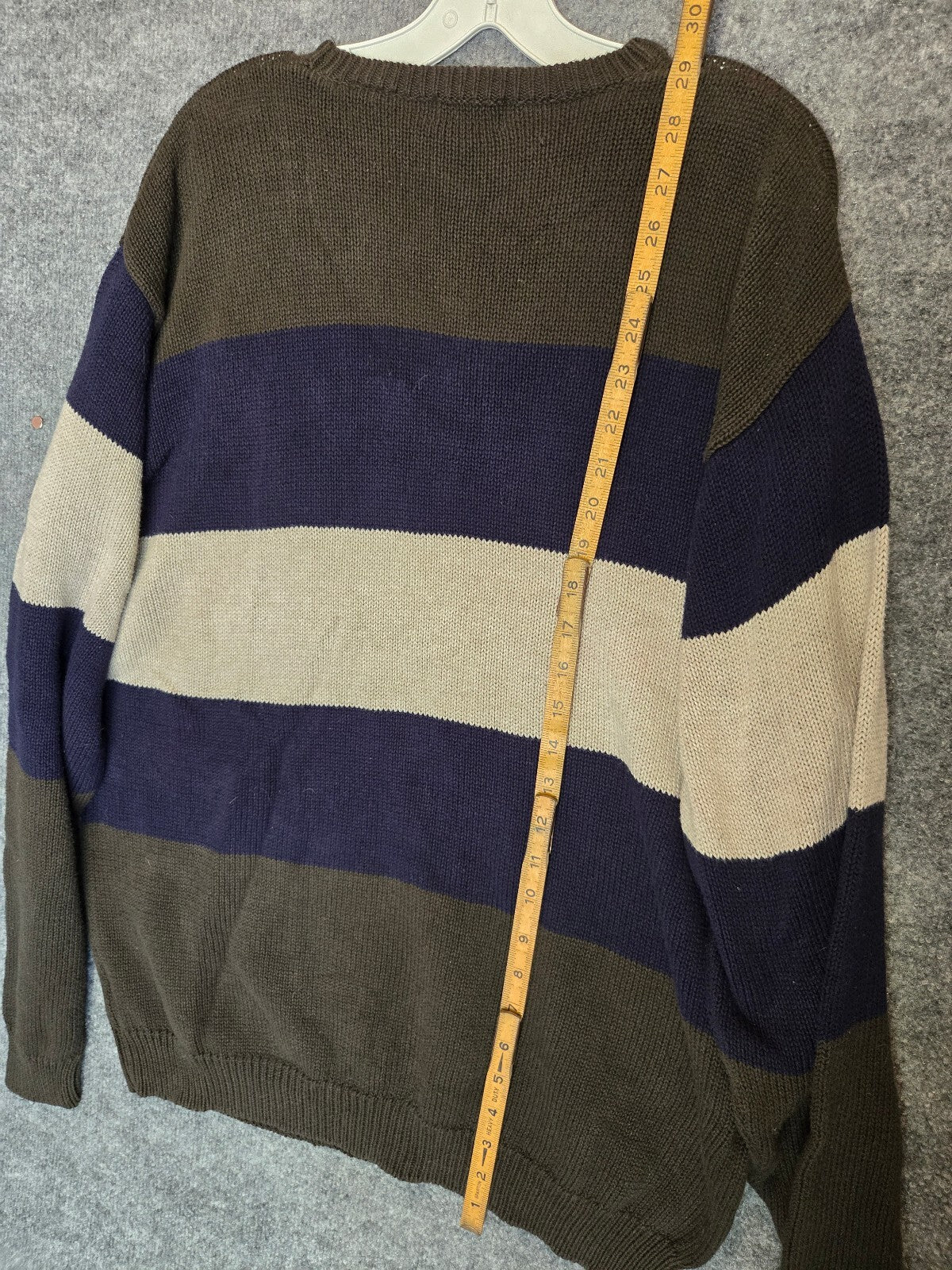 Vintage Izod Crest Logo Sweater Olive Green Navy Tan Block Stripe Grandpa 1990s