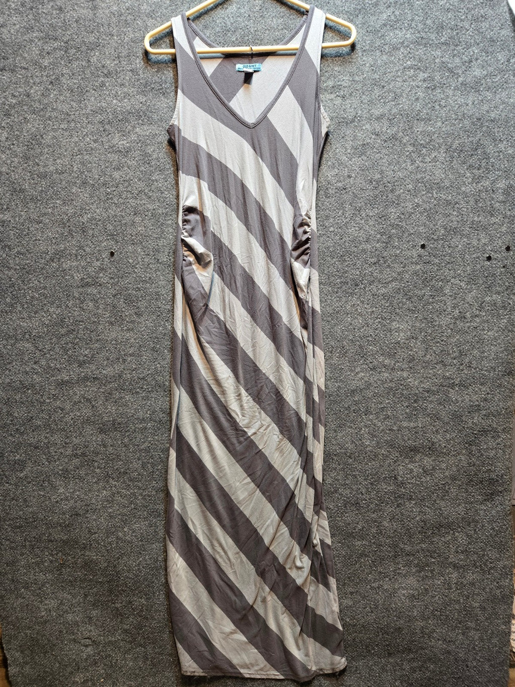 Old Navy Maternity Gray Striped Sleeveless Maxi Dress Ruched Side Knit Gown