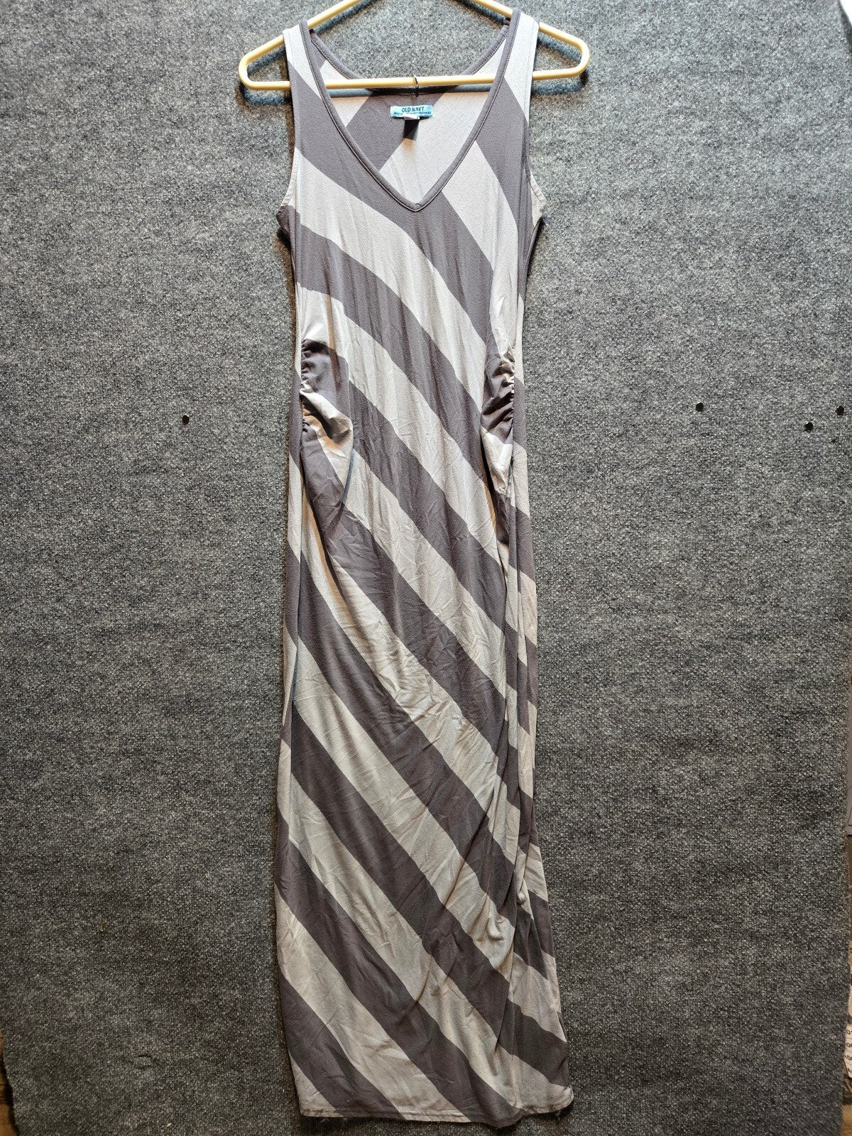 Old Navy Maternity Gray Striped Sleeveless Maxi Dress Ruched Side Knit Gown