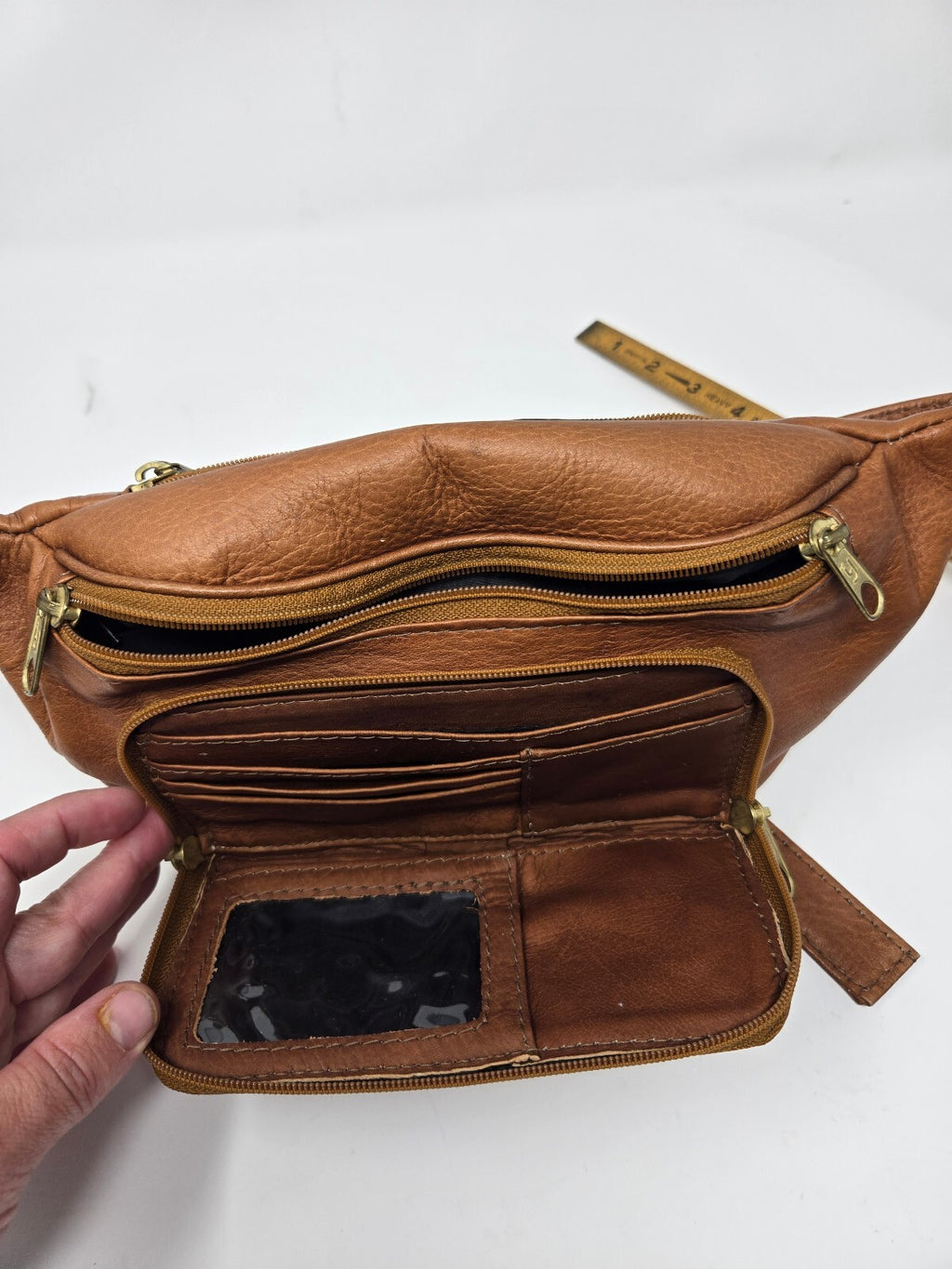 Vintage Pebbled Tan Genuine Leather Multi-Pocket Fanny Pack / Waist Bag