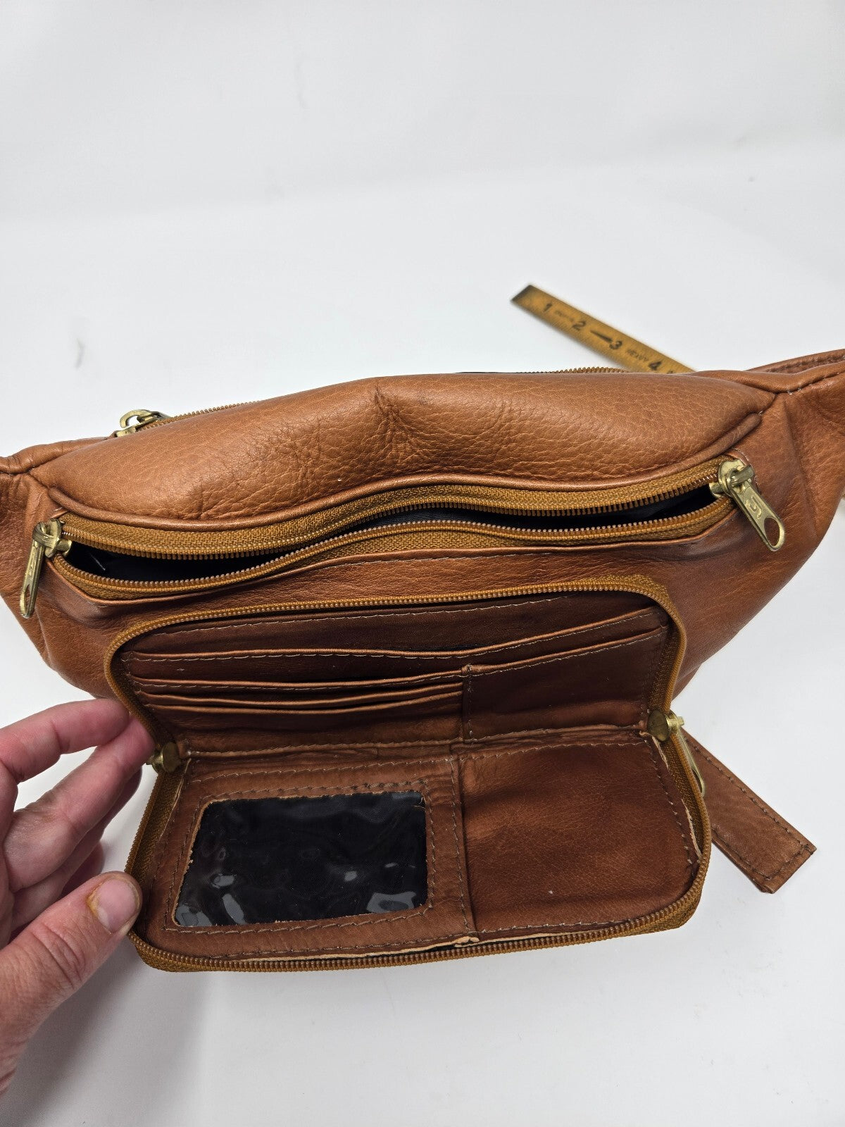 Vintage Pebbled Tan Genuine Leather Multi-Pocket Fanny Pack / Waist Bag