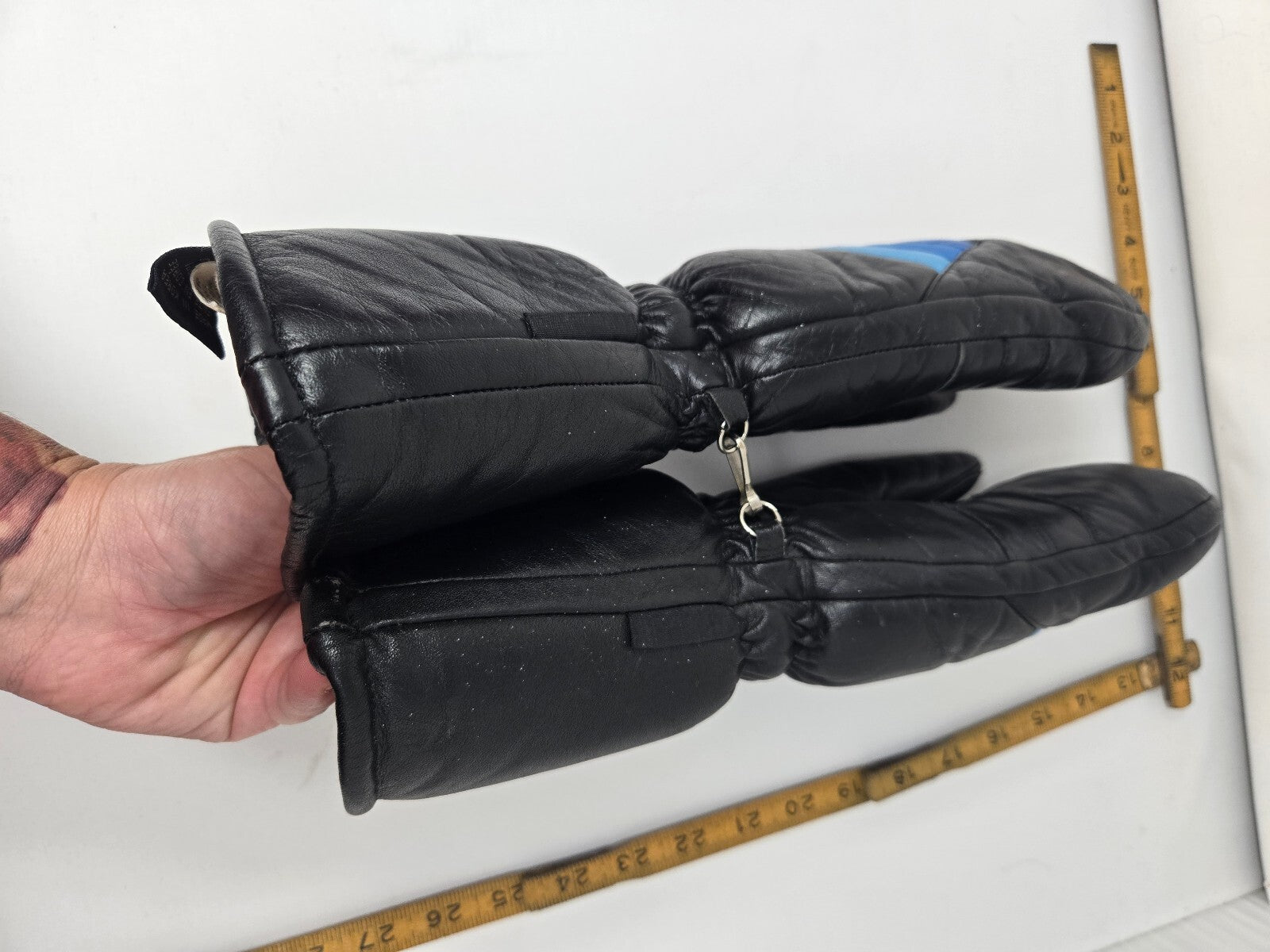 Vintage Kombi Black Leather Ski Mittens Retro Blue Stripes Women's Large