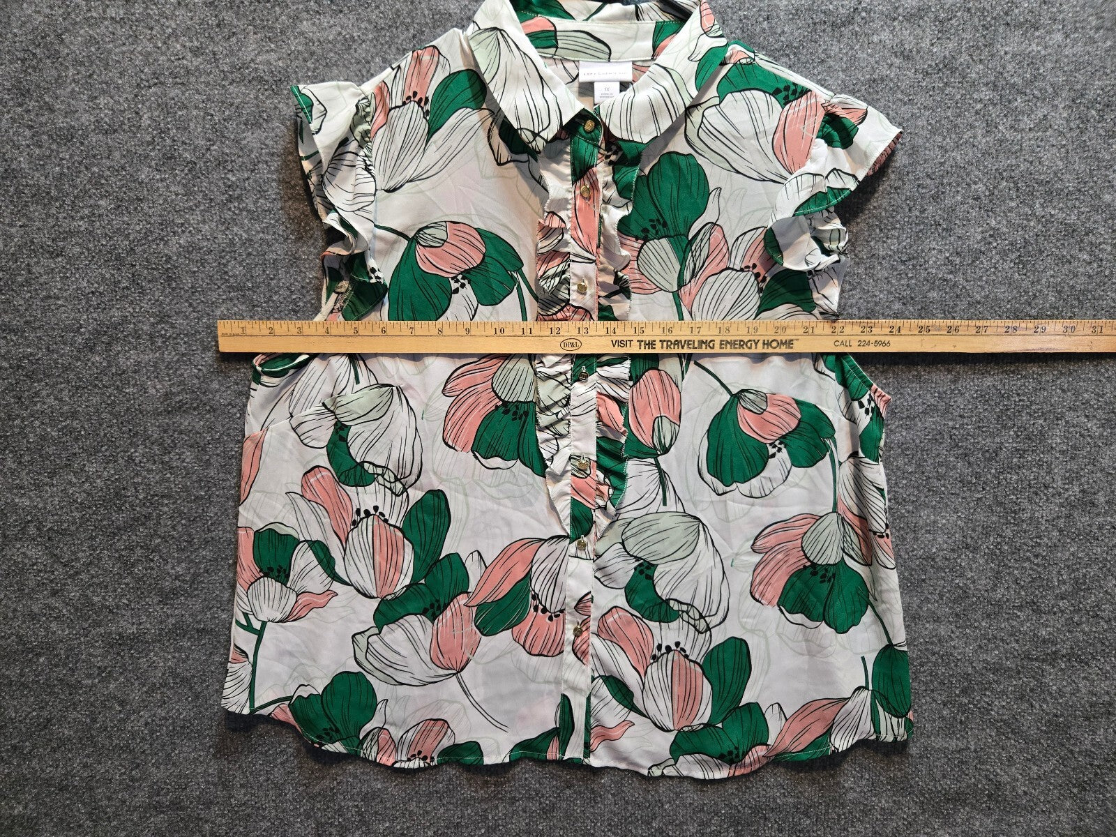 Liz Claiborne Floral Ruffle Button Down Blouse Top Pink Green Plus Size 1X