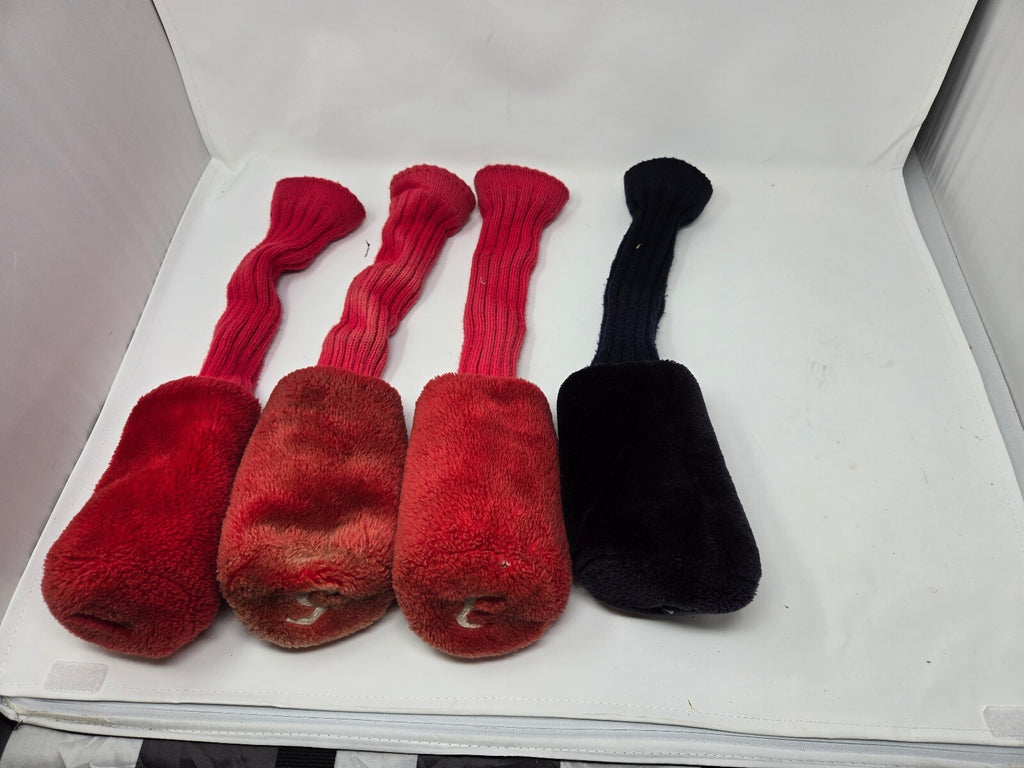 Mixed Lot of 4 Golf Club Headcovers - 3 Vintage Red Fuzzy Pom-Pom Socks & 1 Adam