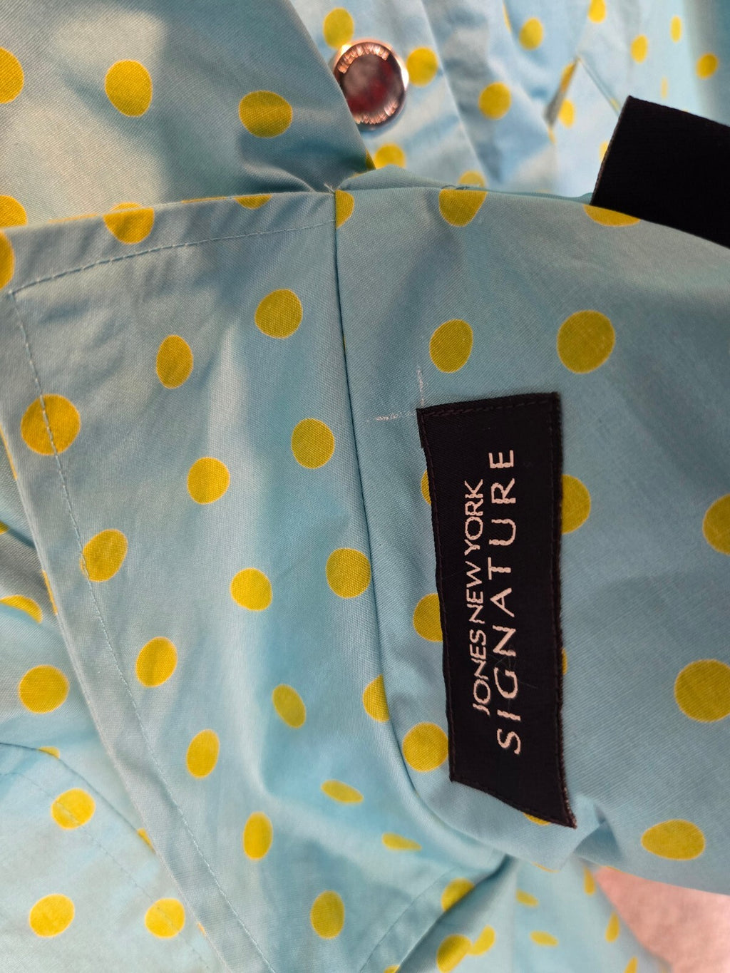 Jones New York Signature Polka Dot Raincoat Aqua Blue Yellow Snap Front Jacket L