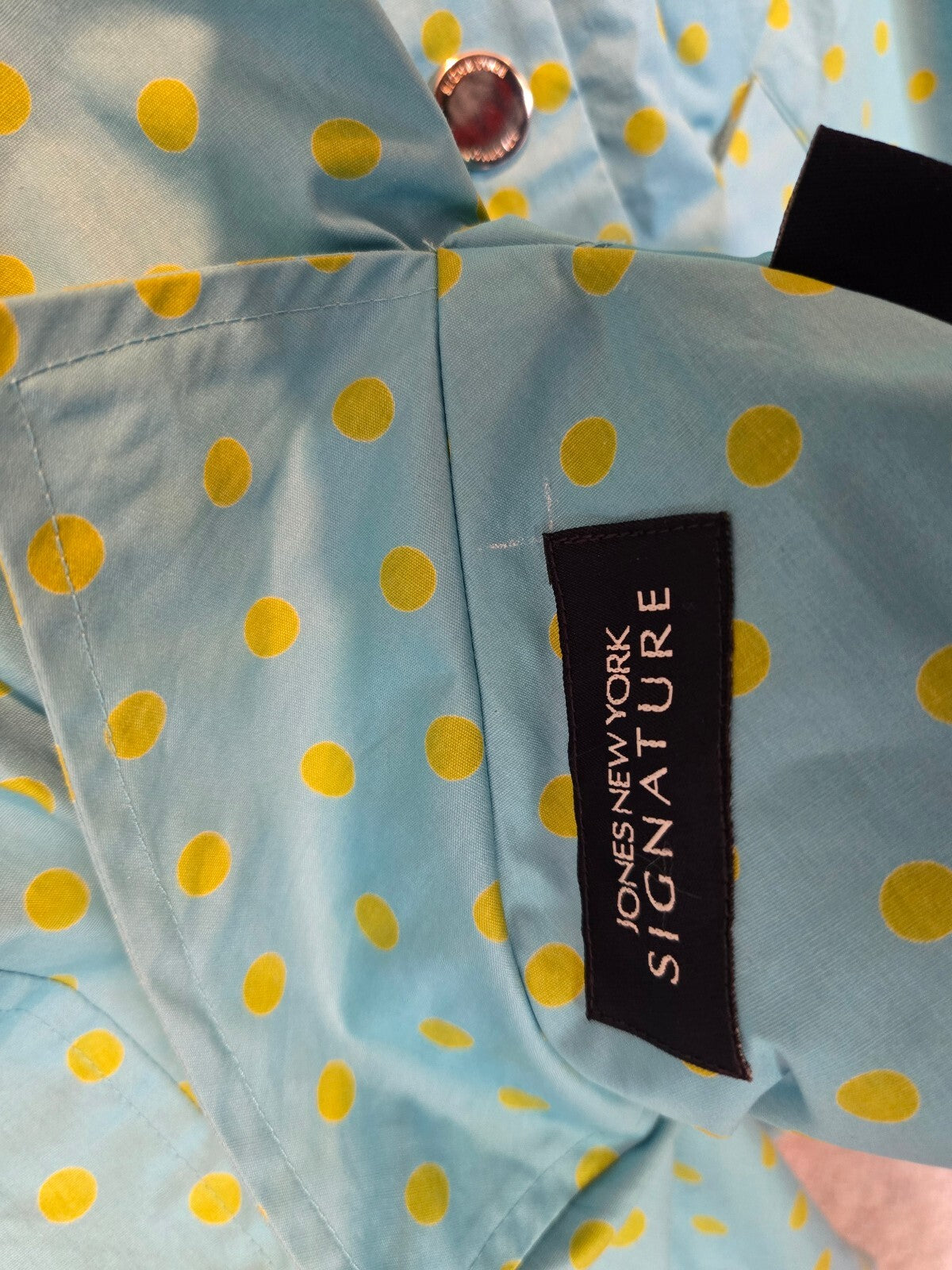 Jones New York Signature Polka Dot Raincoat Aqua Blue Yellow Snap Front Jacket L