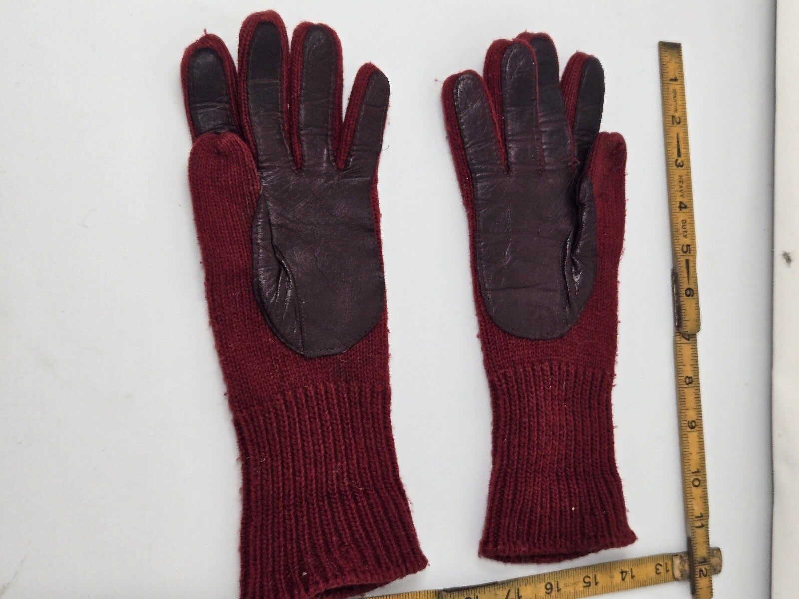 Vintage Maroon Knit Gloves Genuine Leather Palms WPL 6931 Ladies One Size
