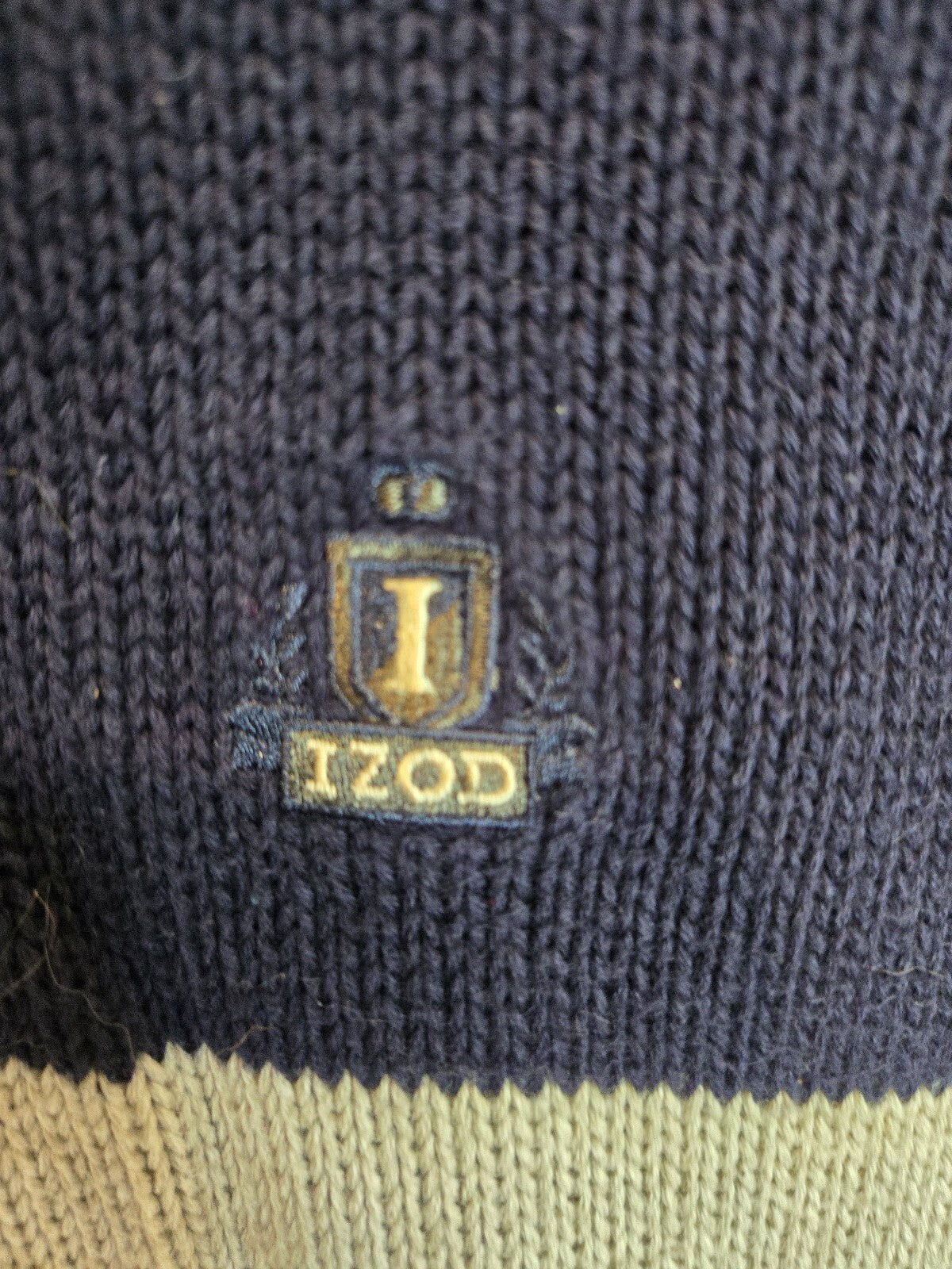 Vintage Izod Crest Logo Sweater Olive Green Navy Tan Block Stripe Grandpa 1990s