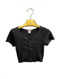 Bozzolo Women's Large Black Ribbed Knit Button Henley Cropped T-Shirt
