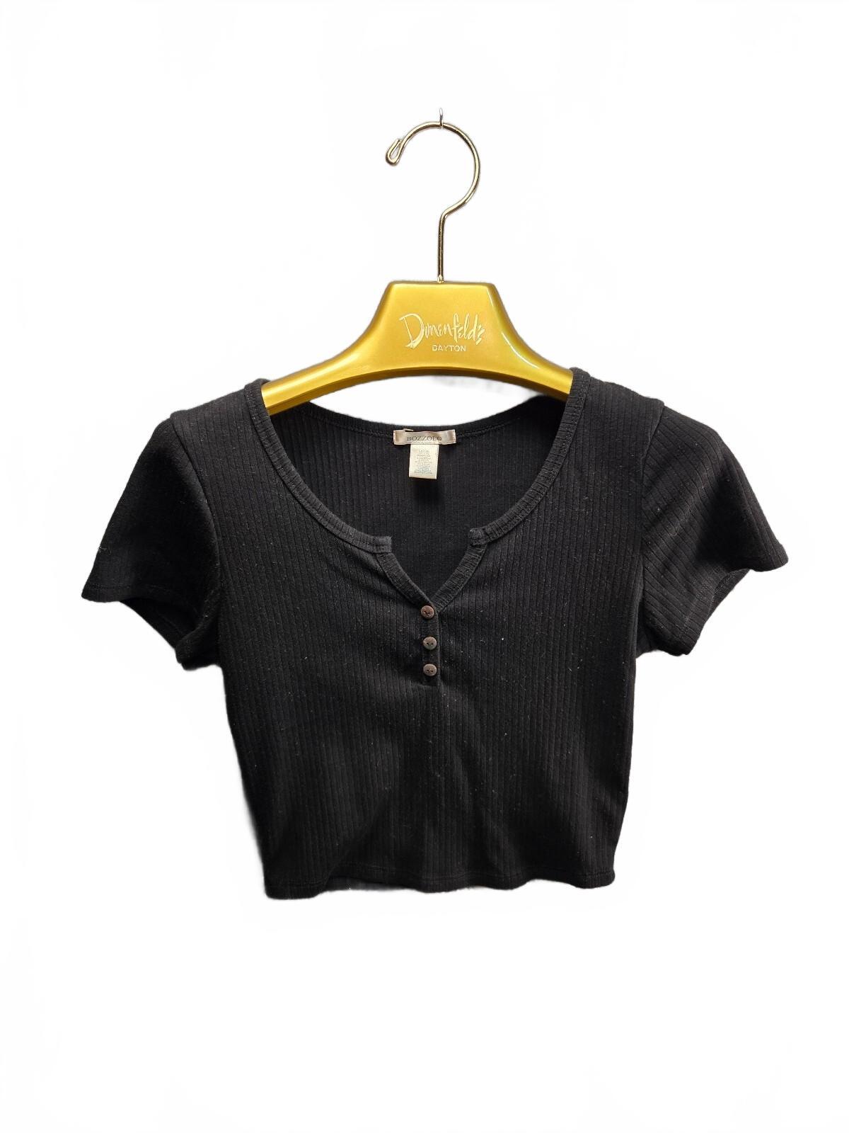 Bozzolo Women's Large Black Ribbed Knit Button Henley Cropped T-Shirt