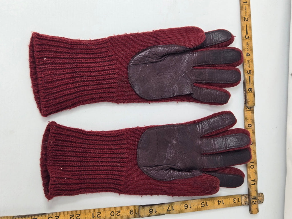 Vintage Maroon Knit Gloves Genuine Leather Palms WPL 6931 Ladies One Size