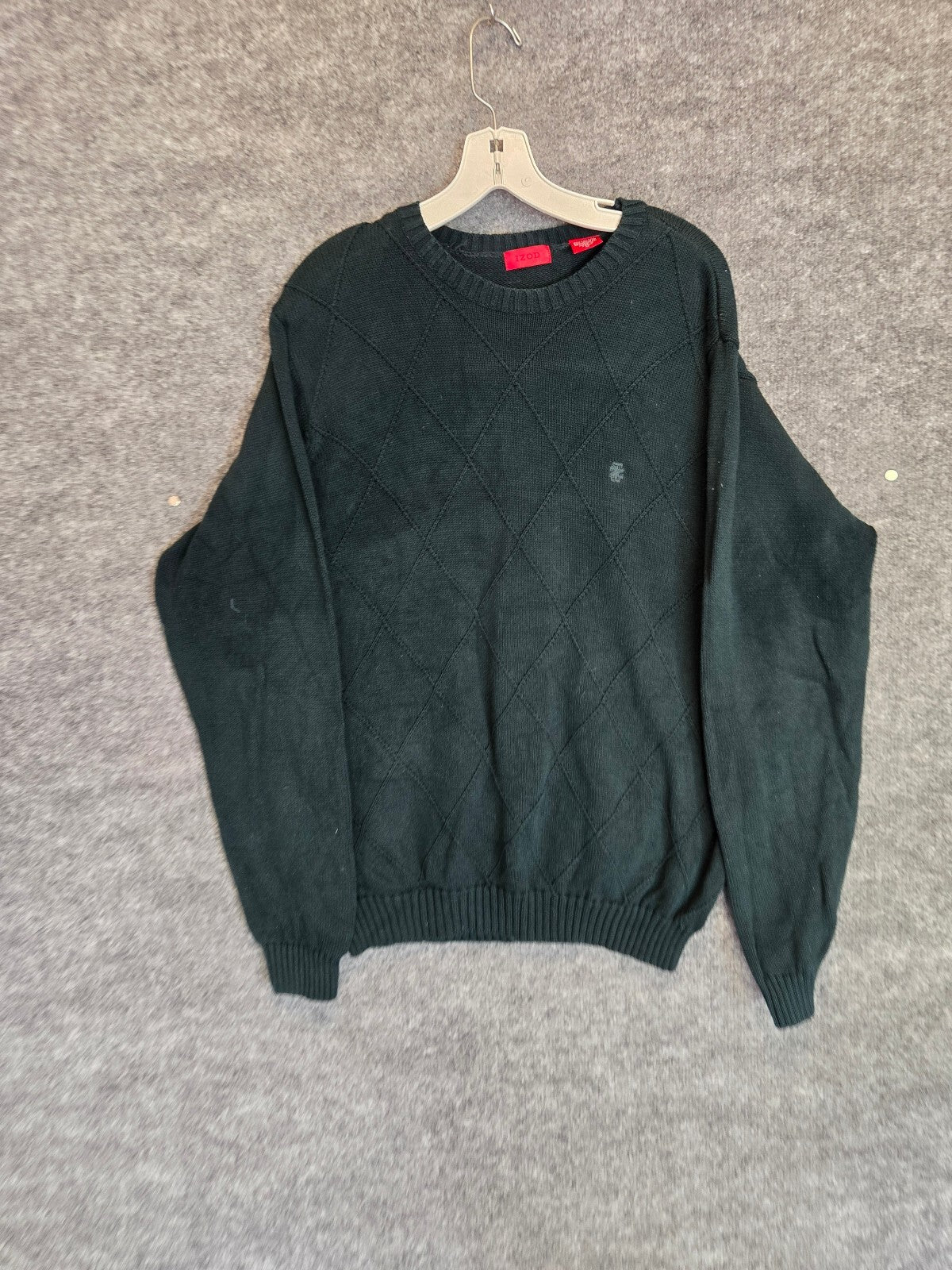 IZOD Hunter Green Cotton Cable Knit Diamond Pattern Crew Neck Sweater Size Med