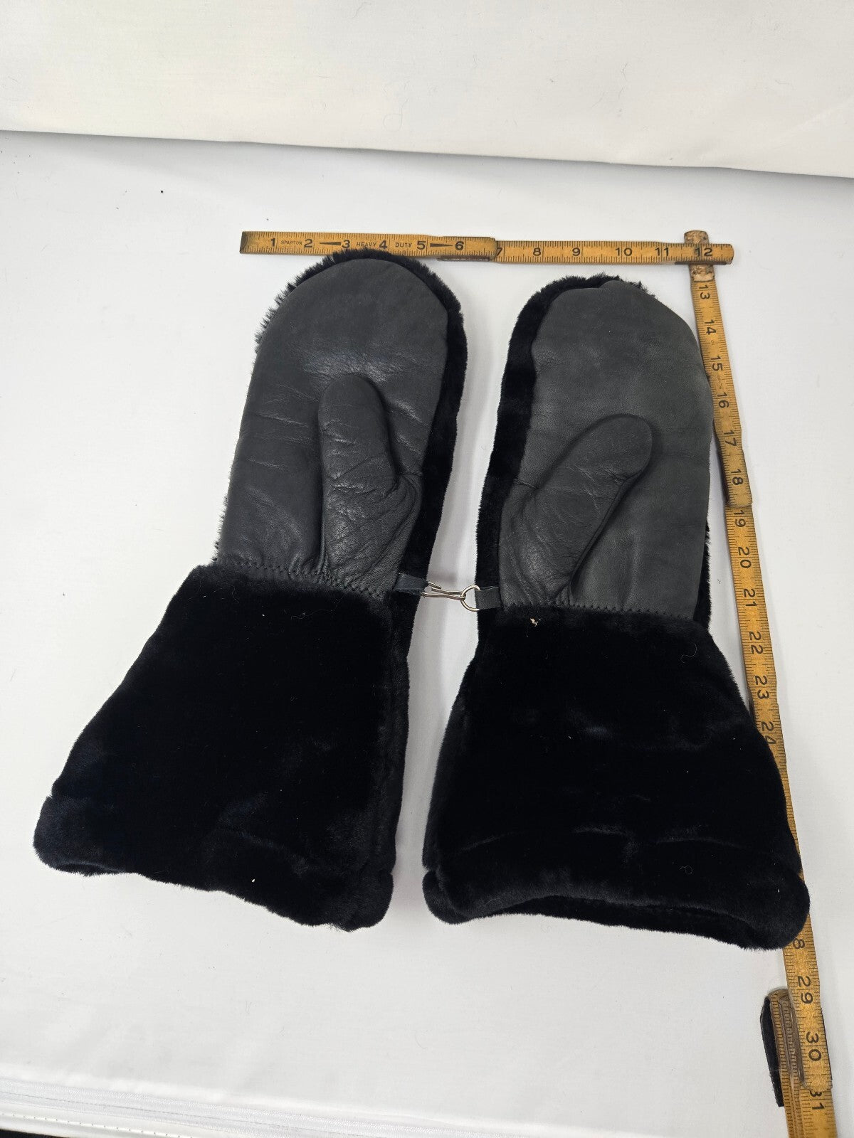 Vintage Black Faux Fur Leather Snowmobile Mittens Cowsides Top Grain Large