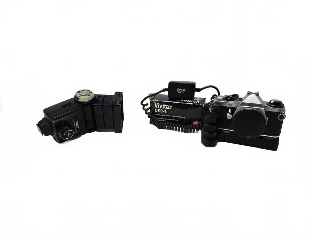Vintage Pentax Me Super 35MM Film Camera Kit W/ Winder II & Vivitar Flash