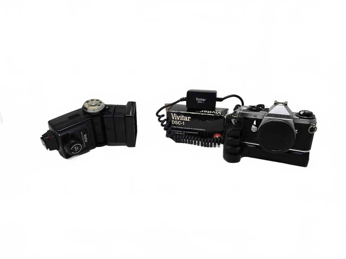 Vintage Pentax Me Super 35MM Film Camera Kit W/ Winder II & Vivitar Flash