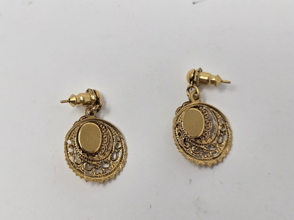 Vintage Gold-Tone Ornate Filigree Dangle Post Earrings with Oval Black Cabochons