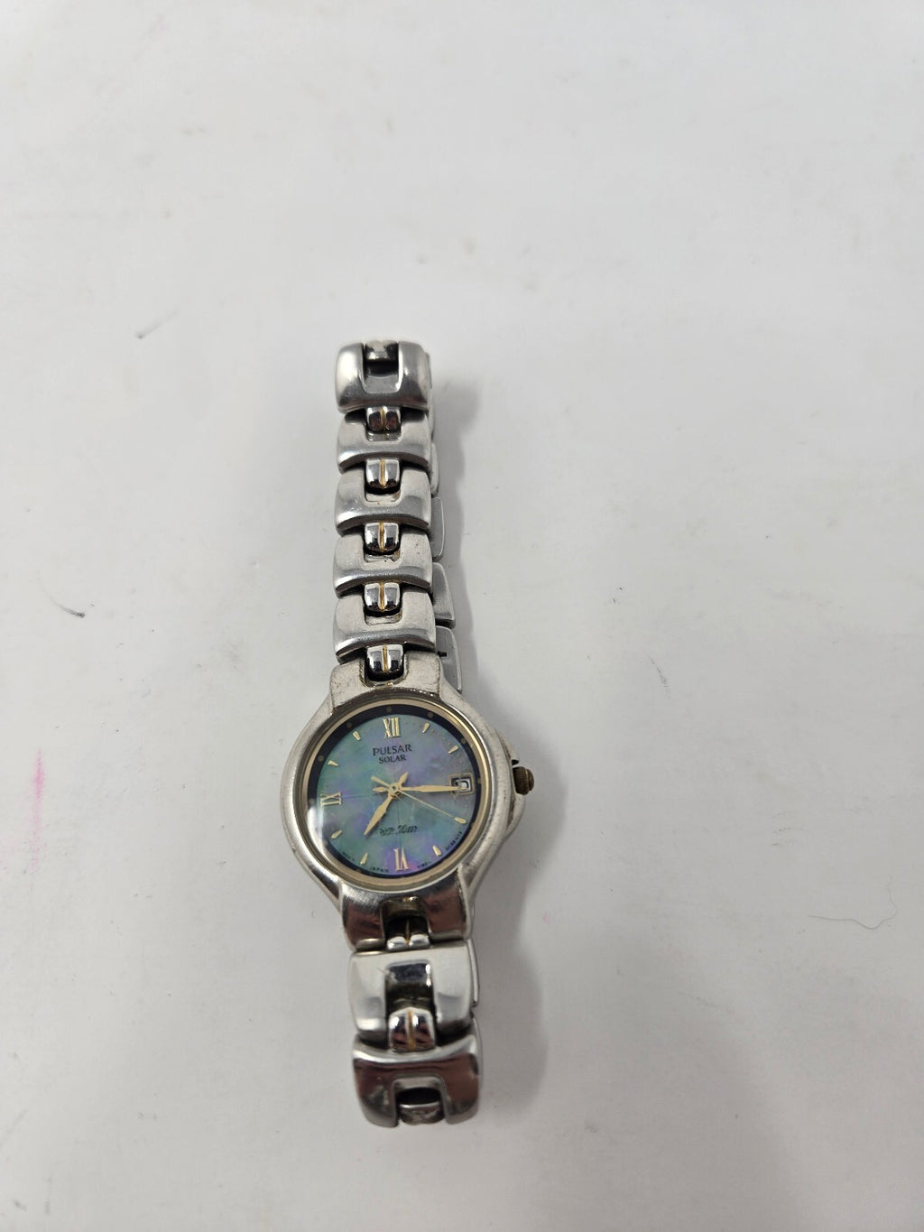 Vintage Pulsar Solar Ladies Watch – Silver Tone Link Bracelet, Blue Purple