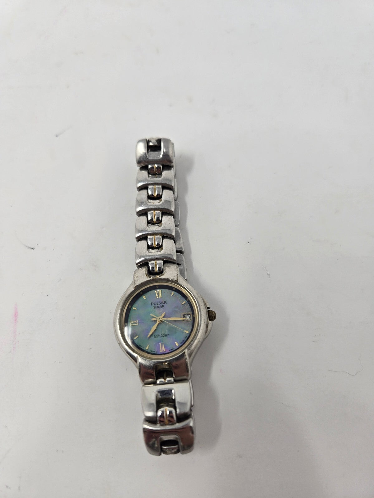 Vintage Pulsar Solar Ladies Watch – Silver Tone Link Bracelet, Blue Purple