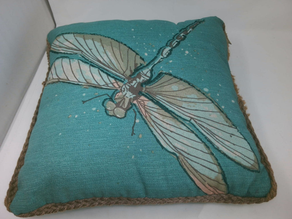 Decorative Dragonfly Accent Pillow with Rope Trim - Teal and Beige