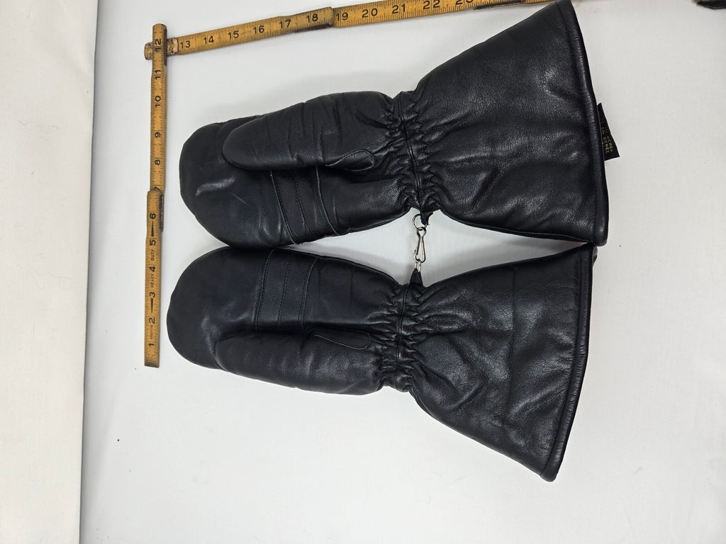 Vintage Kombi Black Leather Ski Mittens Retro Blue Stripes Women's Large