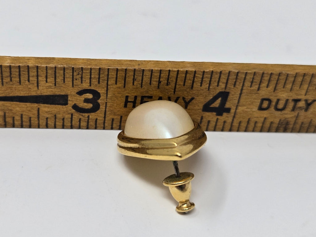 Signed Vintage Monet Gold-Plated Teardrop Cabochon Faux Pearl Earrings