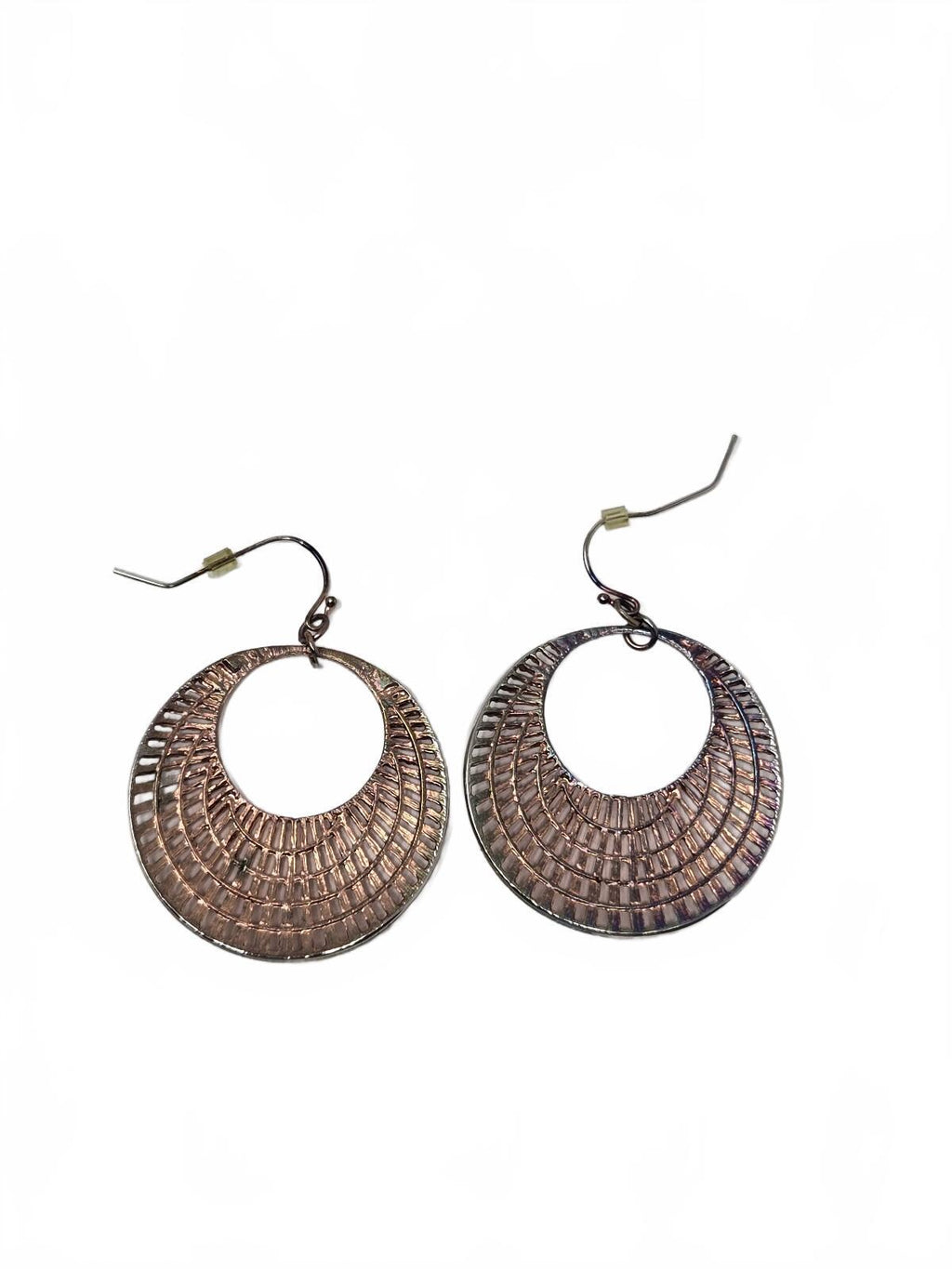 Vintage Antiqued Copper-Tone open Crescent Grid Filigree Hoop Dangle Earrings