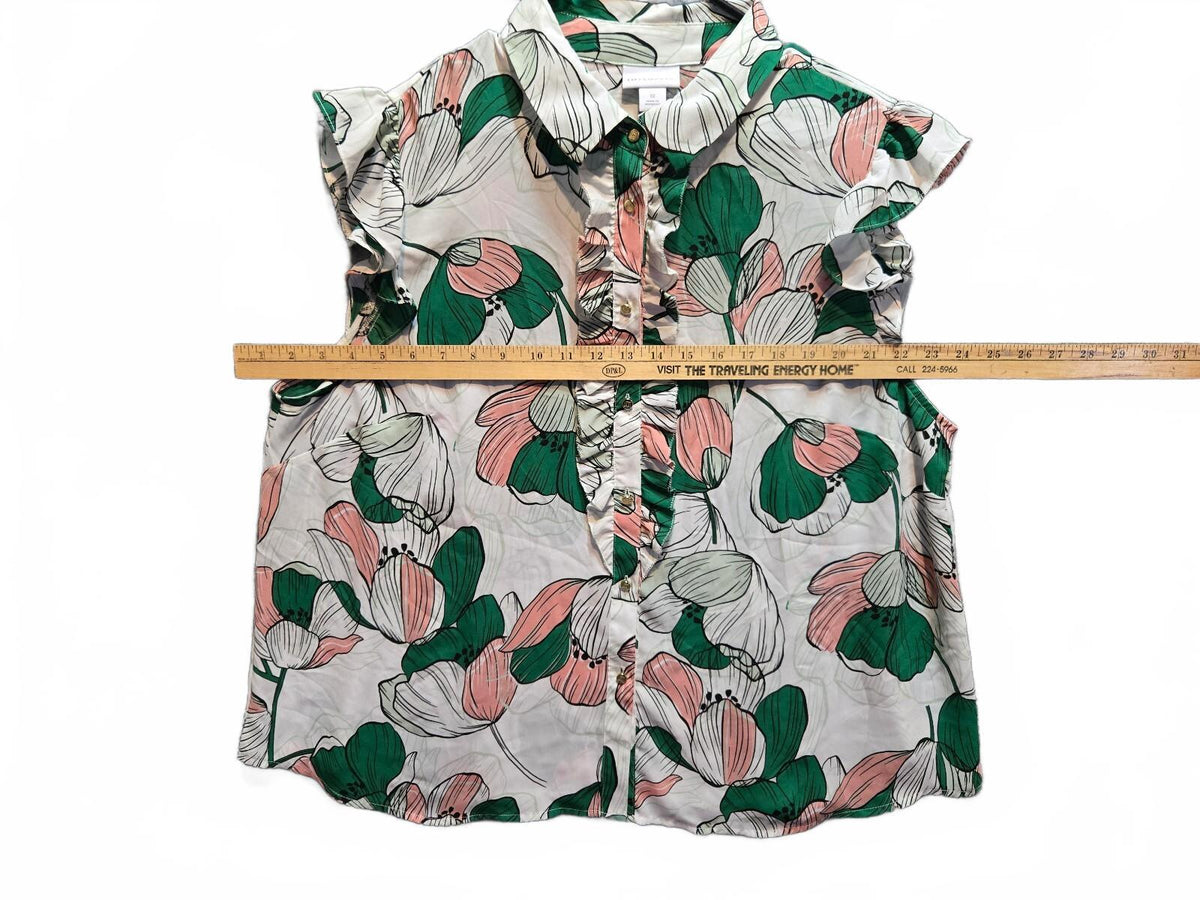 Liz Claiborne Floral Ruffle Button Down Blouse Top Pink Green Plus Size 1X