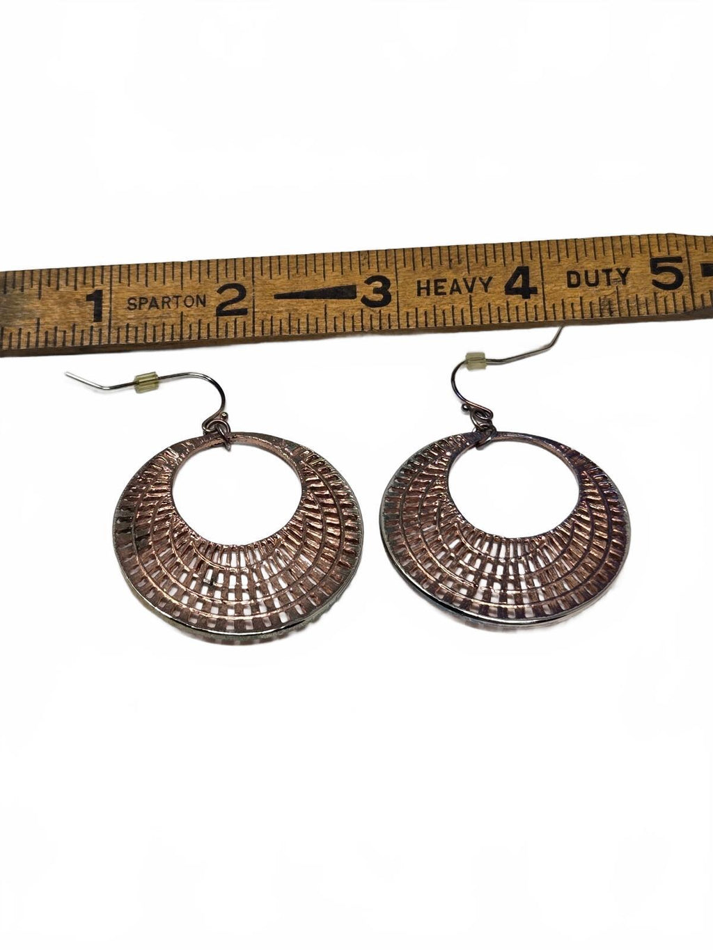 Vintage Antiqued Copper-Tone open Crescent Grid Filigree Hoop Dangle Earrings
