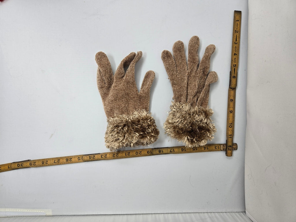 Cejon Taupe Brown Knit Gloves Faux Fur Eyelash Trim Cuffs Soft Rayon Blend OSFM