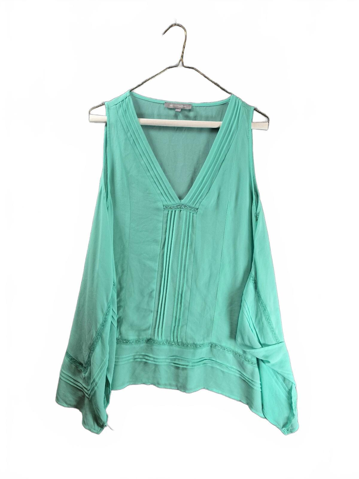 NY Collection Mint Green Sleeveless Blouse Pleated Lace Trim Top Size Large