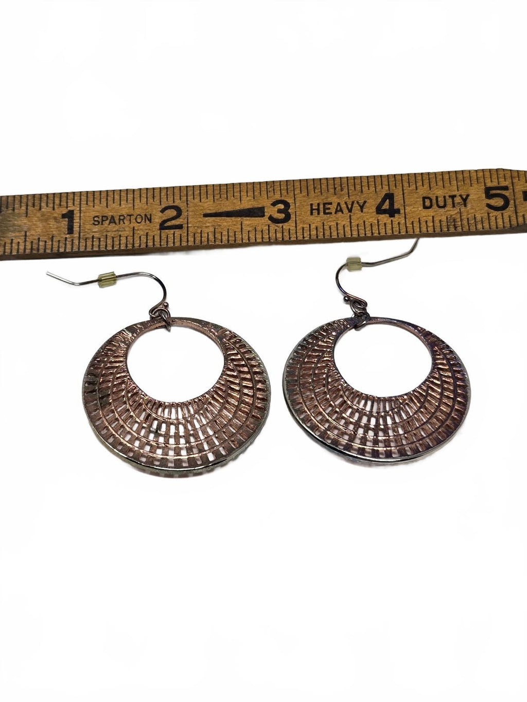 Vintage Antiqued Copper-Tone open Crescent Grid Filigree Hoop Dangle Earrings