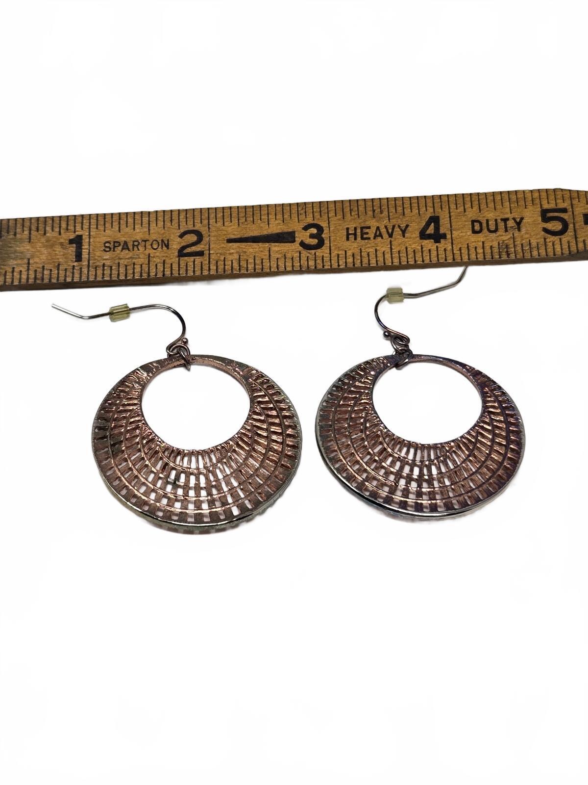 Vintage Antiqued Copper-Tone open Crescent Grid Filigree Hoop Dangle Earrings