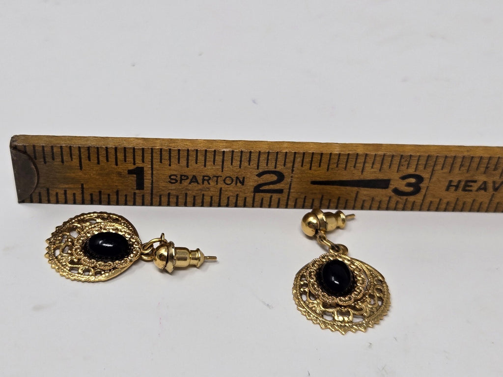 Vintage Gold-Tone Ornate Filigree Dangle Post Earrings with Oval Black Cabochons