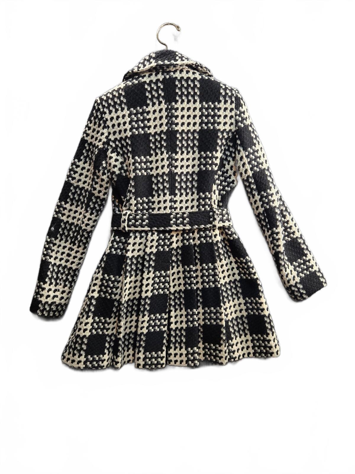 Via Spiga Women's Black and White Plaid Wool Blend Belted Trench Coat Size 4