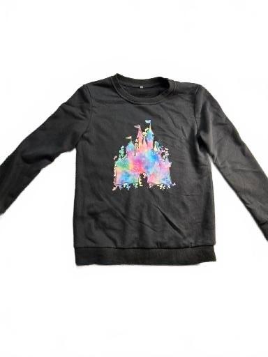 Black Sweatshirt with Colorful Castle Graphic, Size Medium