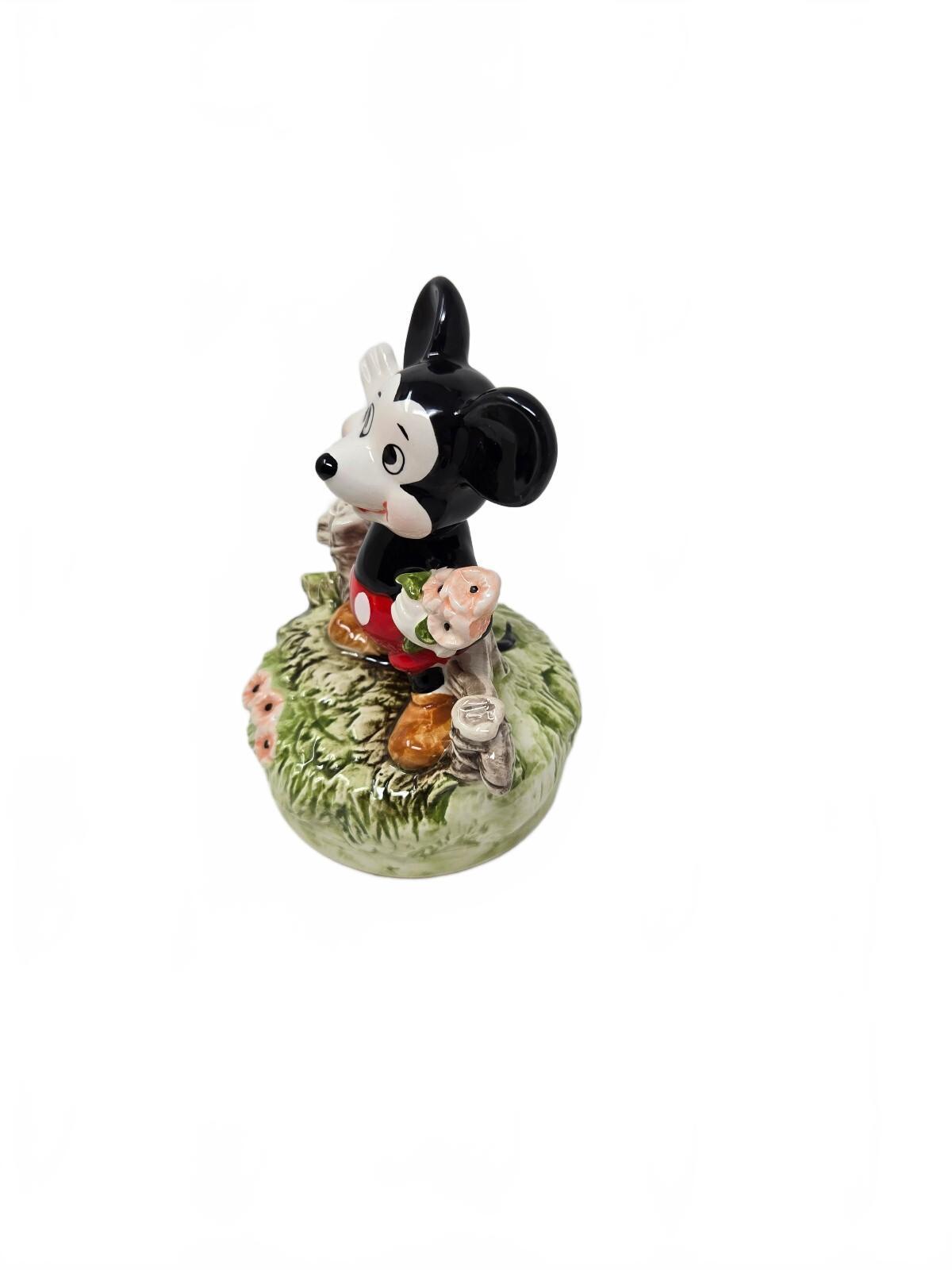 Schmid Mickey Mouse "Waving with Bouquet" Ceramic Musical Revolving Figurine NOS