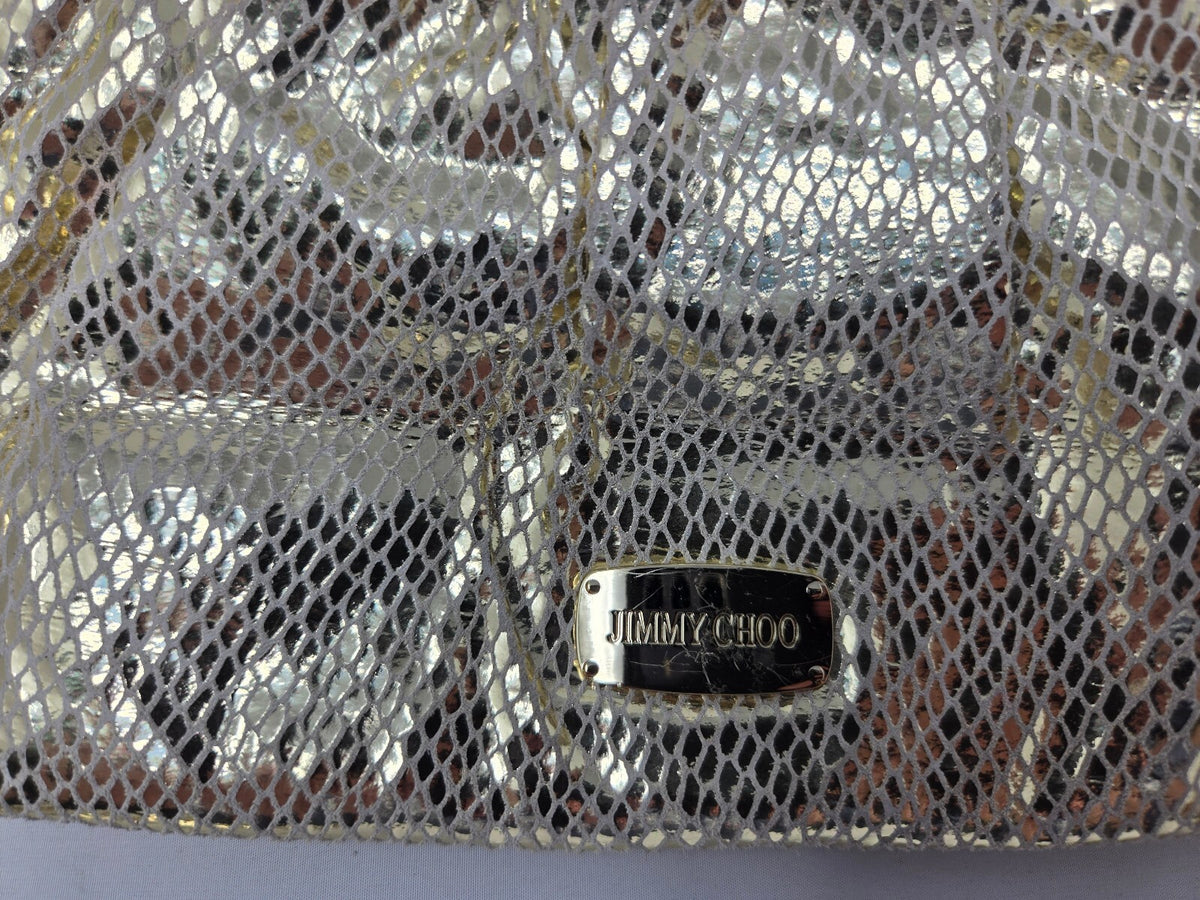 Jimmy Choo Gold Metallic Snake-Embossed Leather Zippered Clutch Pouch with Large