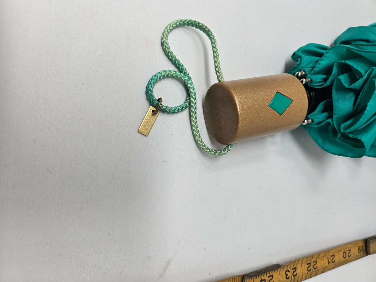 Vintage Teal Green Compact Folding Umbrella Gold Cylindrical Handle Retro Travel