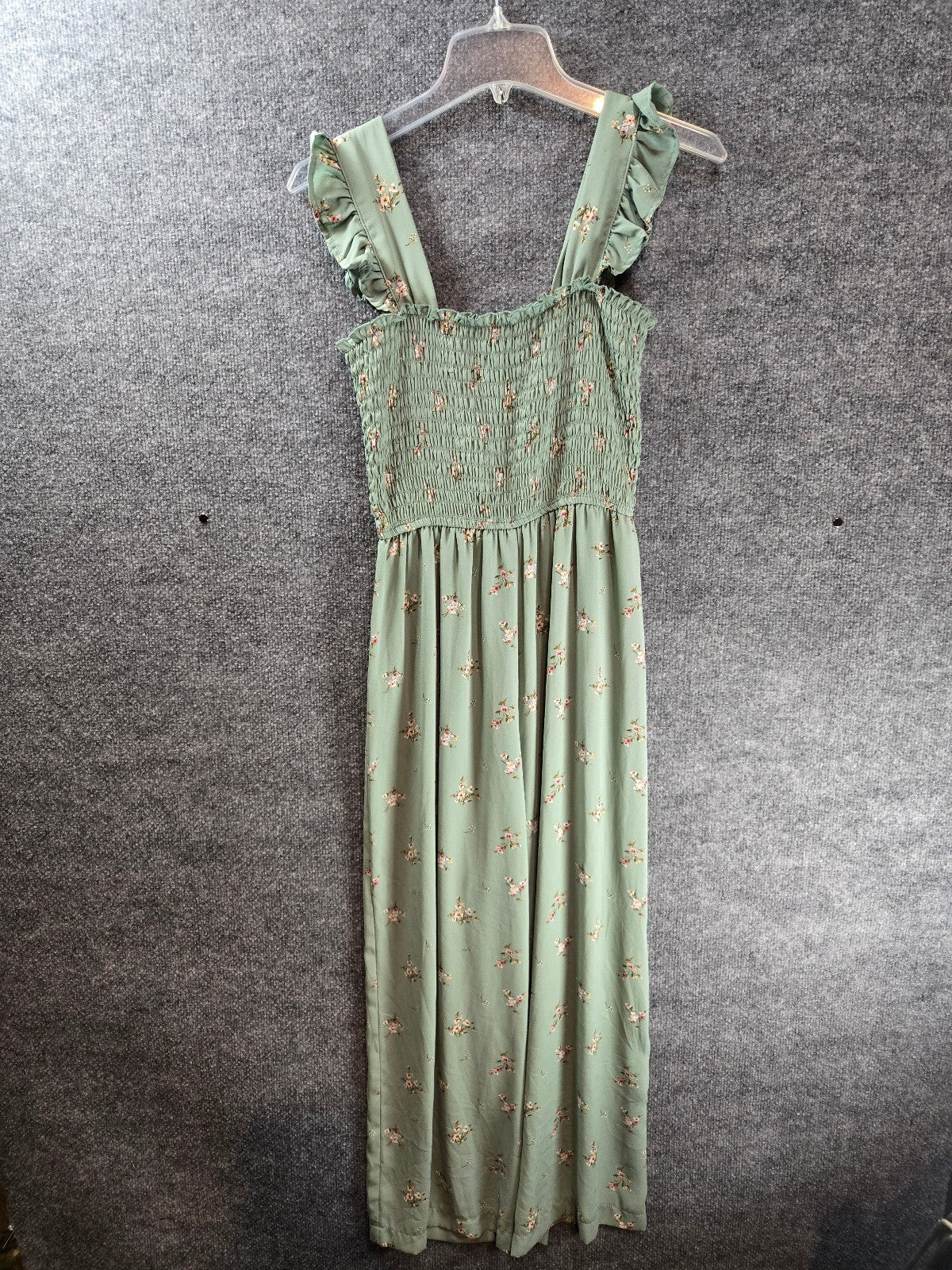 Floral Smocked Bodice Ruffle Strap Wide Leg Jumpsuit Sage Green