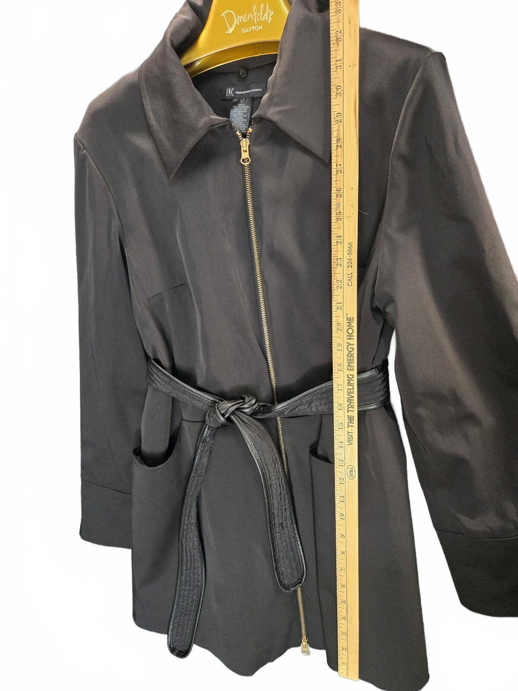 INC International Concepts Black Zip Front Belted Trench Coat Jacket Size L