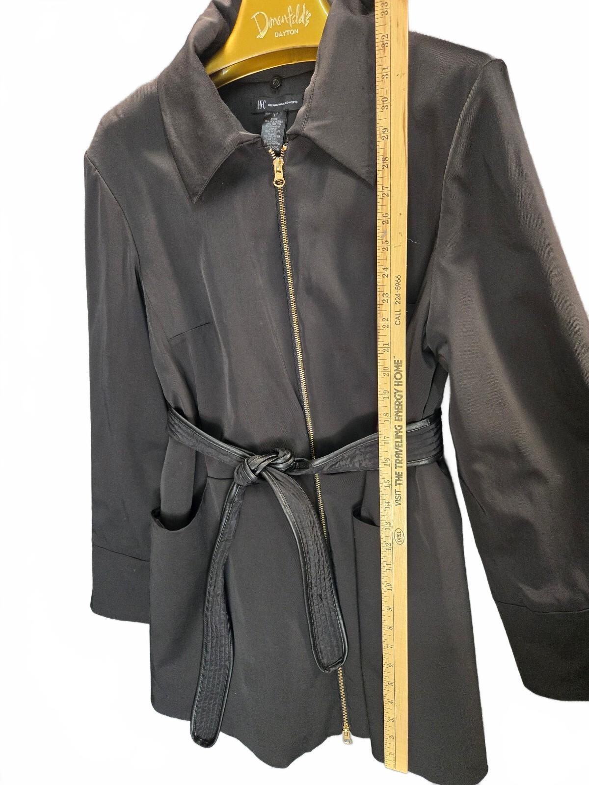 INC International Concepts Black Zip Front Belted Trench Coat Jacket Size L