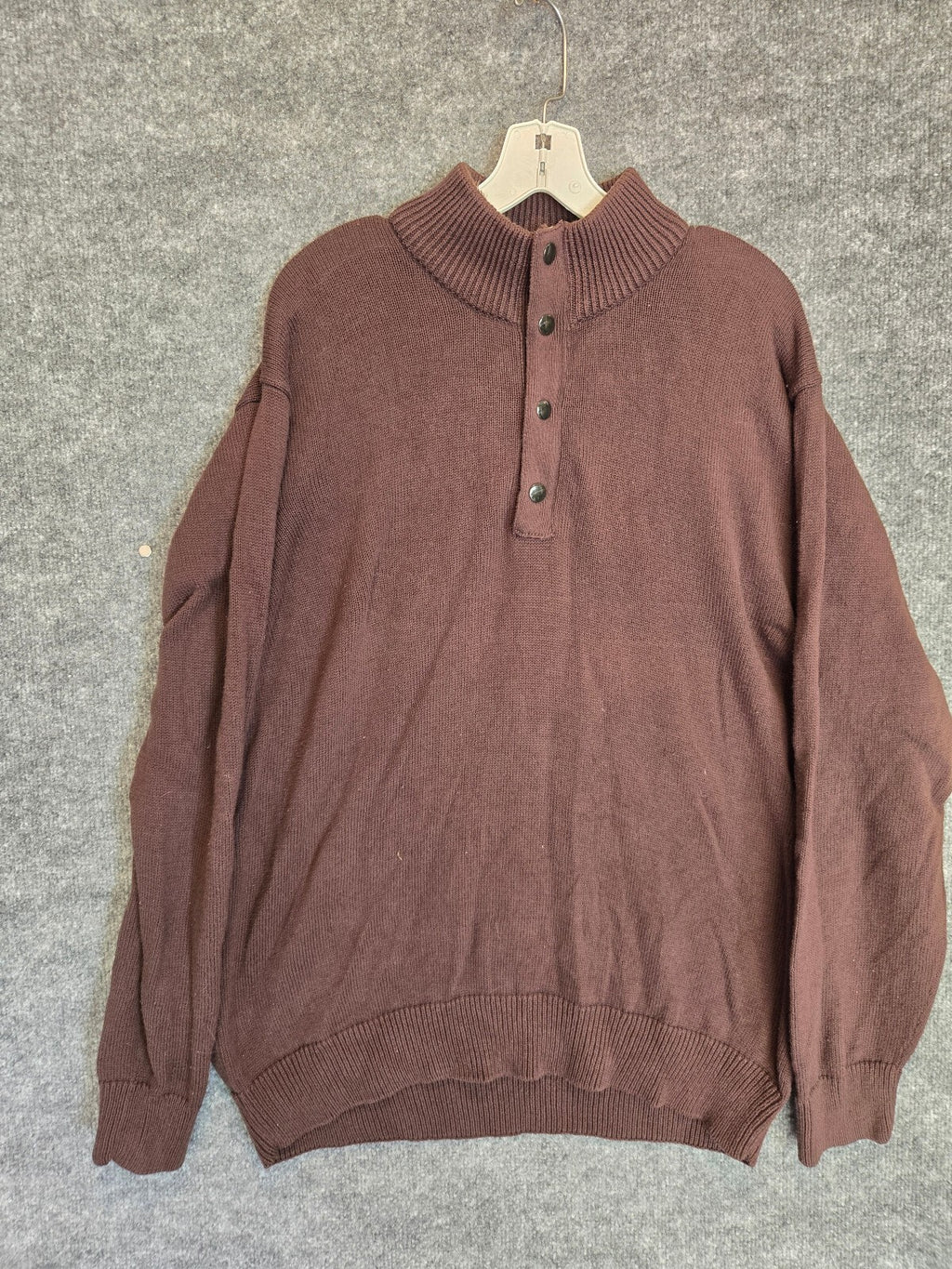 Haggar Mens Medium Brown Mock Neck Button Pullover Knit Sweater Regular Fit