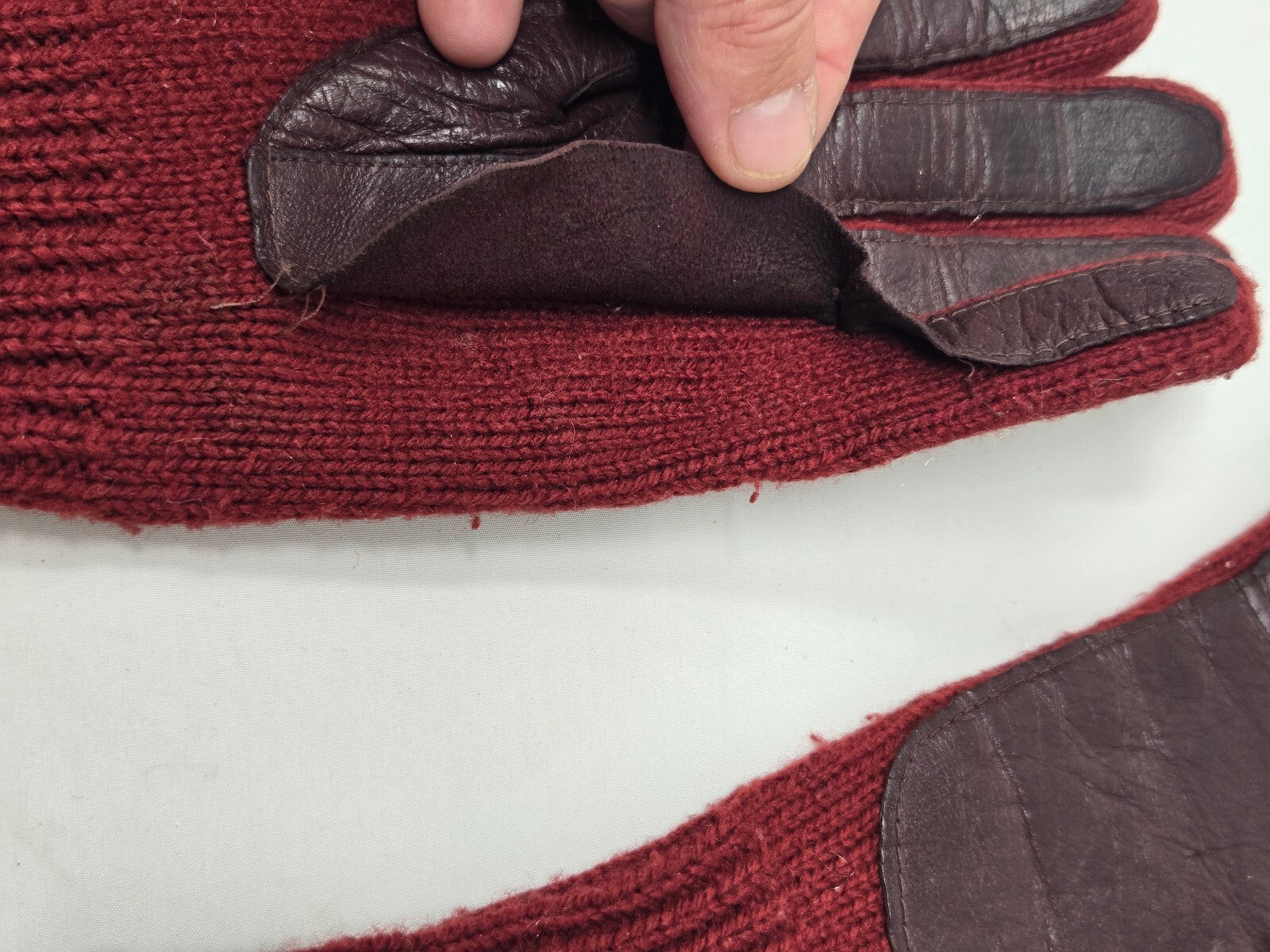 Vintage Maroon Knit Gloves Genuine Leather Palms WPL 6931 Ladies One Size