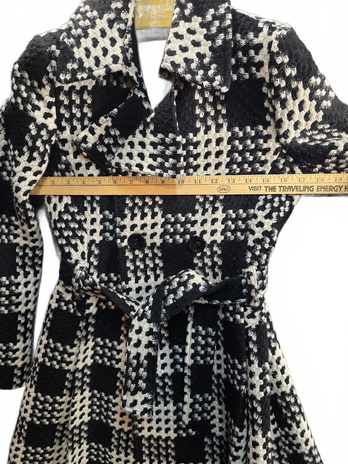 Via Spiga Women's Black and White Plaid Wool Blend Belted Trench Coat Size 4