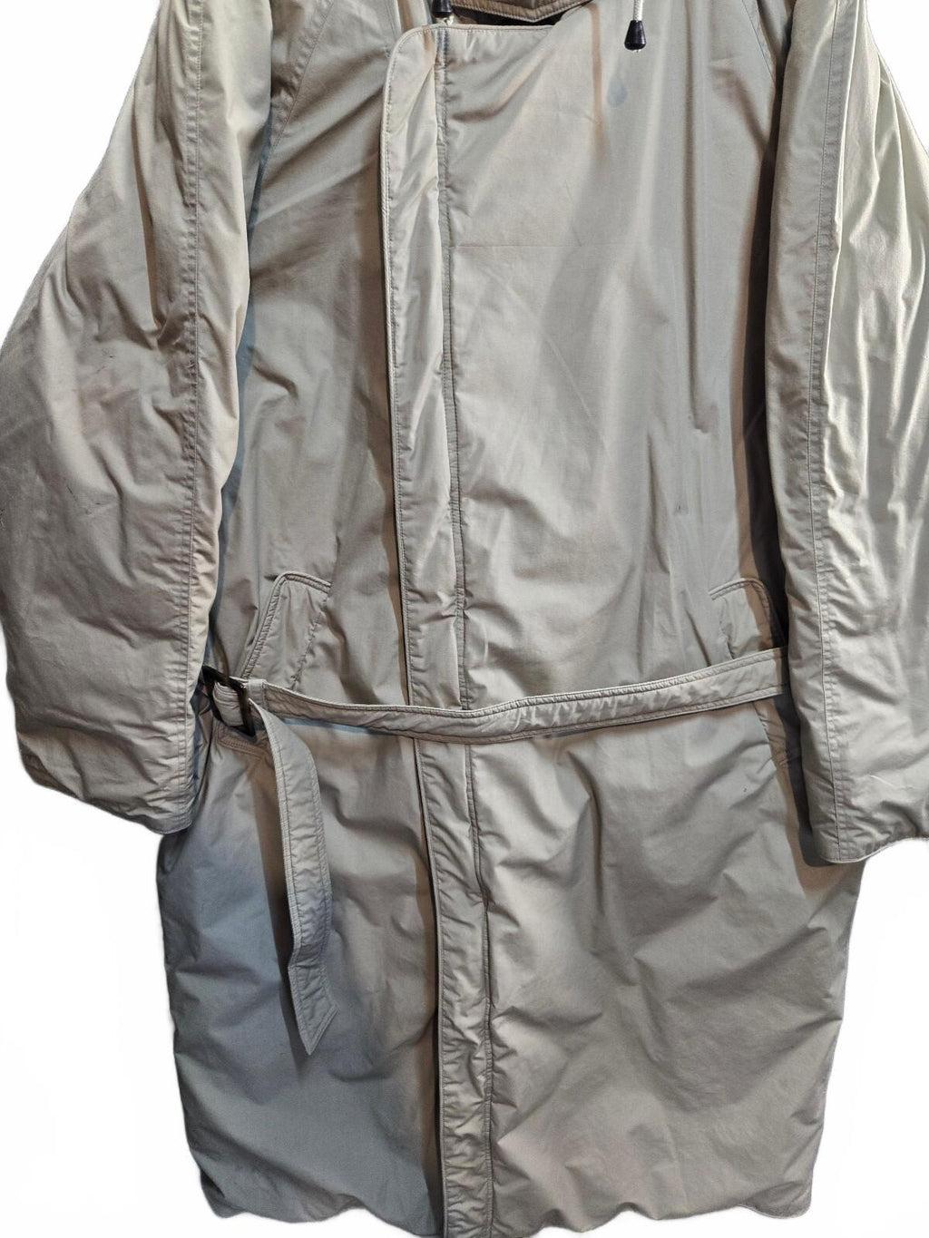 Long Beige Hooded Winter Coat with Belt Large