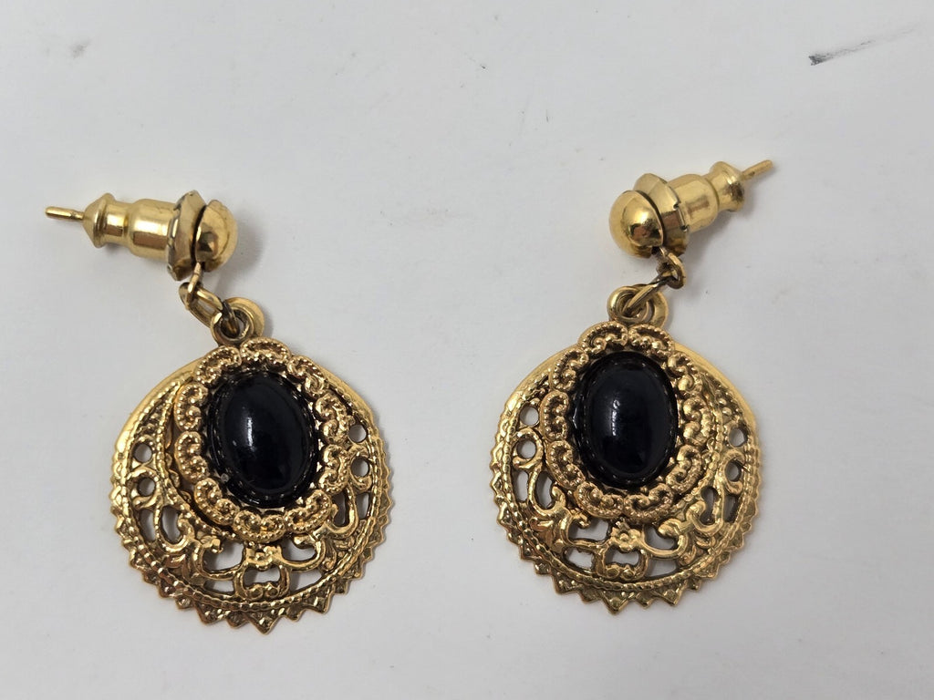 Vintage Gold-Tone Ornate Filigree Dangle Post Earrings with Oval Black Cabochons