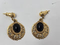 Vintage Gold-Tone Ornate Filigree Dangle Post Earrings with Oval Black Cabochons