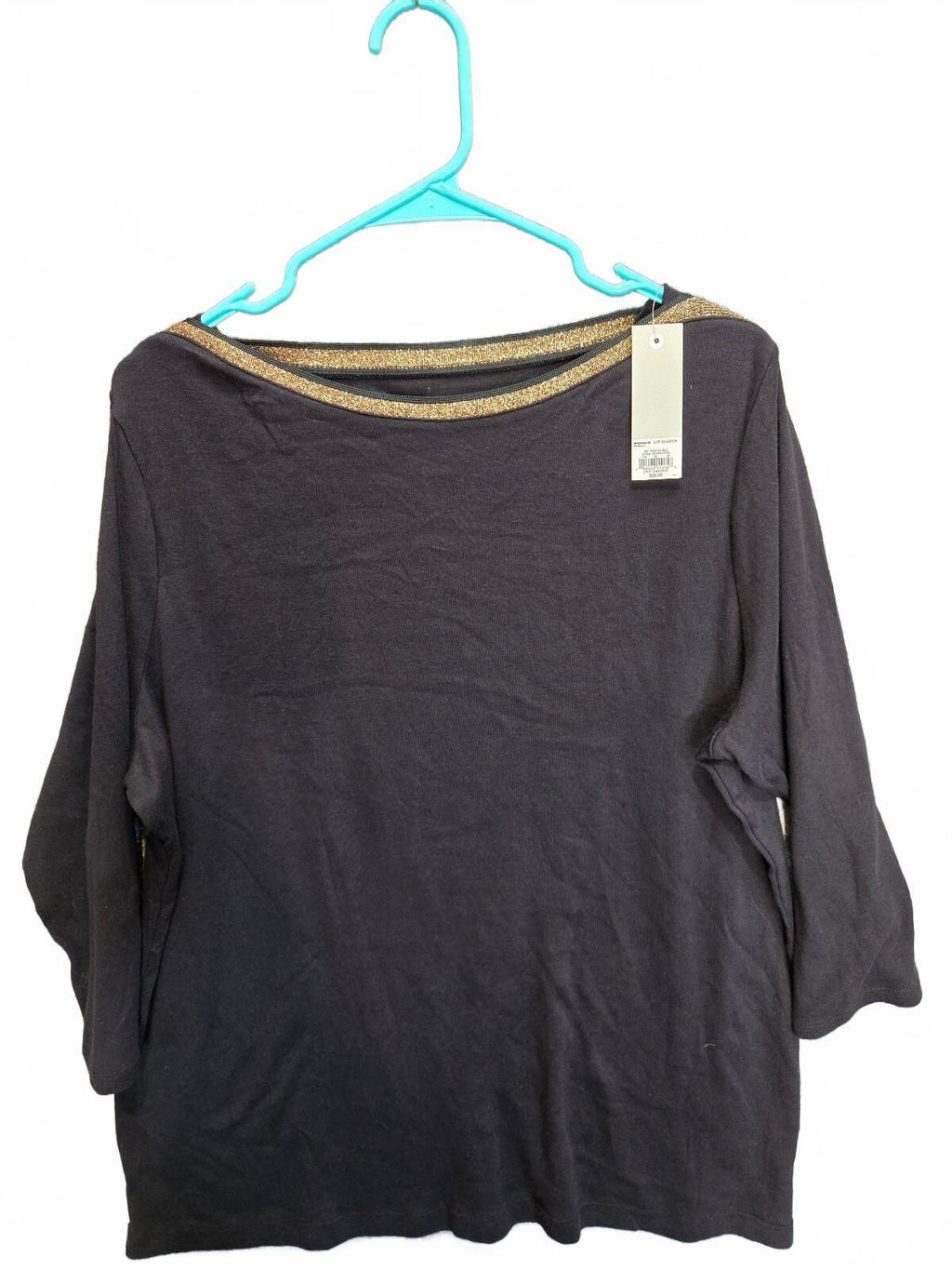 NWT Croft & Barrow Black Knit Blouse Gold Trim Boat Neck Top Size XXL