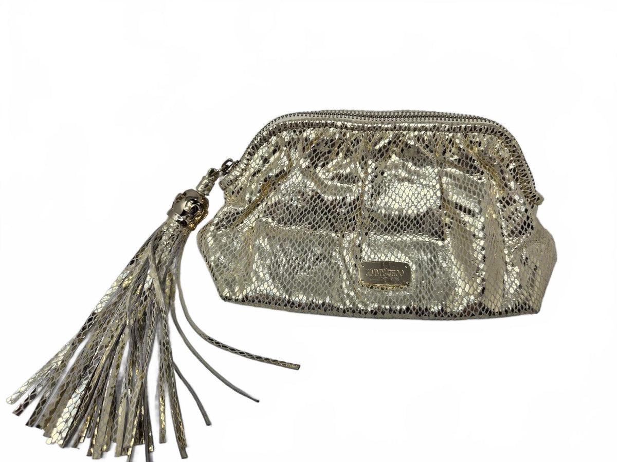 Jimmy Choo Gold Metallic Snake-Embossed Leather Zippered Clutch Pouch with Large